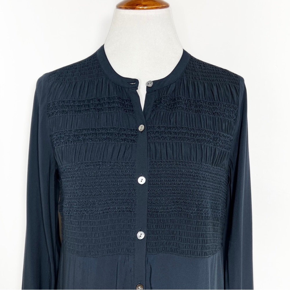 SOLD-J. Jill Navy Blue Smocked Long Sleeve Buttondown Tunic - Picture 2 of 10